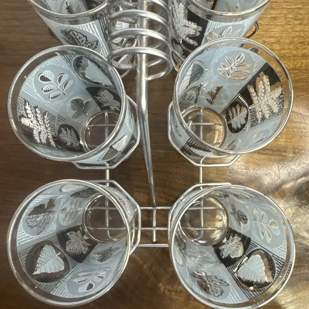 Set of 8 Vintage Libbey Highball Glass Tumblers w/ Metal Caddy Aqua Silver Leaf